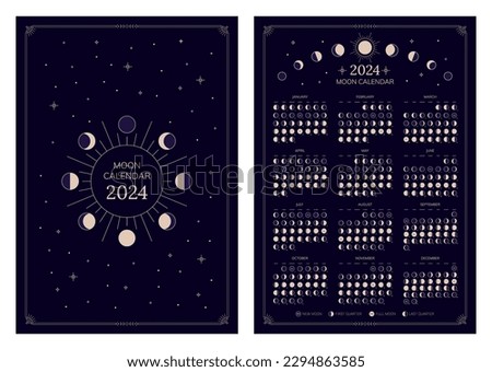 Moon calendar for 2024 year, lunar cycles planner template. Moon phases schedule, astrological lunar stages calendar banner, card, poster on dark night background vector illustration