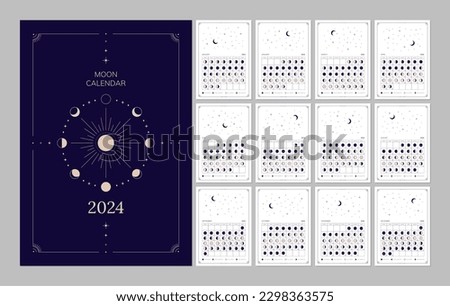 Moon calendar for 2024 year, lunar cycles planner template. Moon phases schedule, astrological lunar stages calendar banner, card, poster vector illustration