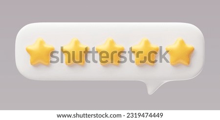 Five star rating, positive feedback 3d realistic style rendering. Customer review with five metallic golden stars in speech bubble. Service satisfaction, quality, good rate vector illustration