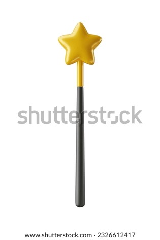 Black magic wand with golden star 3d realistic style rendering. Magician, wizard, fairy, princess accessory vector illustration isolated on white background