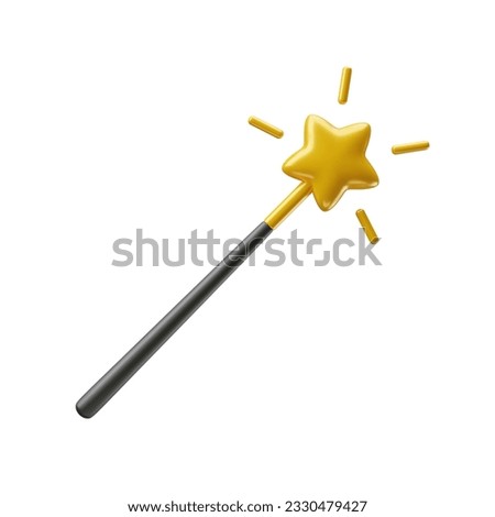 Black magic wand with golden star and sparkles 3d realistic style rendering. Magician, wizard, fairy, princess accessory vector illustration isolated on white background