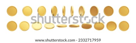 New blank brass or golden coins from different views 3D rendering set. Floating currency. Payment, investment, bank, finance, money symbols isolated on white background
