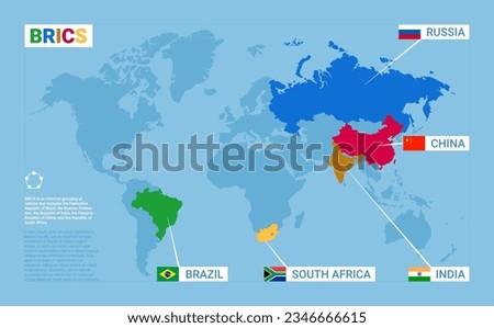 BRICS interstate association schematic map of states members. World modern map with union of 5 countries of Brazil, Russia, India, China, South Africa vector illustration
