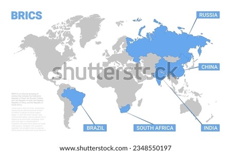 BRICS interstate schematic map of countries association members. Union of 5 states of Brazil, Russia, India, China, South Africa world map vector illustration
