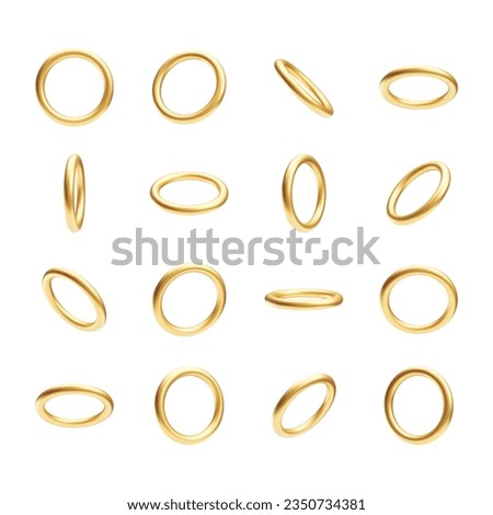 Set of golden rings, 3d shiny accessories from different sides. Round shaped shiny metallic objects, decorative design elements realistic vector illustration on white background