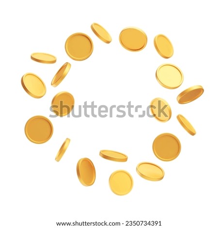 Gold blank rotating coins floating in circle 3D money currency. Finance and investment symbol, game asset, payment sign, gambling or banking realistic vector illustration isolated on white background