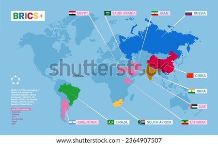 BRICS interstate association schematic map of states members. World modern map with union of 5 countries of Brazil, Russia, India, China, South Africa and new 2024 members. Vector illustration