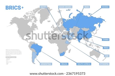 BRICS interstate schematic map of countries association members. Union of 5 states of Brazil, Russia, India, China, South Africa and 6 new 2024 members world map vector illustration