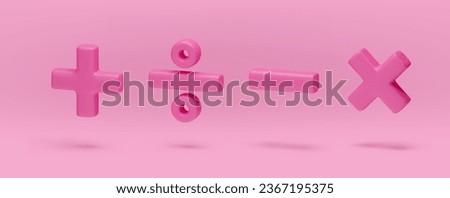 Plus, minus, multiplication and division set, pink 3d mathematical symbols. Arithmetic education signs for web, app, infographic. Math operations realistic vector illustration on pink background