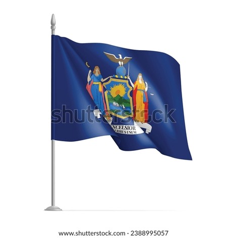 Waving flag of New York on flagpole, USA federal state. Official flag of New York state blowing in wind, symbol of Independence day, patriotism realistic vector illustration