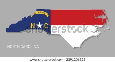 Map of North Carolina USA federal state with flag inside. Highly detailed map of North Carolina American state territory borders in federal flag colors realistic vector illustration