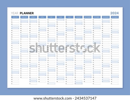 2025 year planner, blank blue annual wall calendar for daily agenda. Schedule page journal, stationery calendar, organizer, planner template with space for personal notes vector illustration