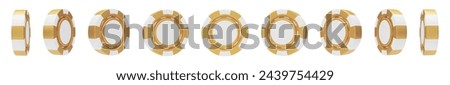 Set of 3D gold and white rotating casino chips rendering. Casino, gambling game objects, betting symbols. Online gambling token for slot, poker, roulette, blackjack tools vector illustration