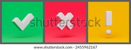 Right, wrong and exclamation caution check marks 3d square buttons set. Acceptance, rejection and attention. Tick, cross, exclamation point three-dimensional rendering vector illustration