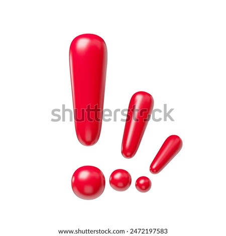 Red exclamation signs realistic 3d realistic symbols set. Glossy exclamation marks, warning, attention, secure signals, caution or error mark three-dimensional rendering vector illustration