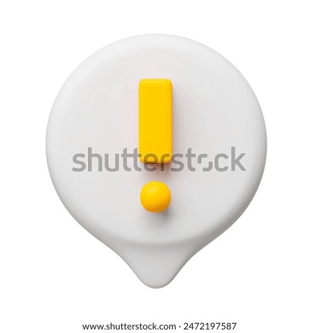 Yellow exclamation point in white speech bubble 3d realistic. Warning, attention, secure signal caution or error mark symbol three-dimensional rendering vector illustration