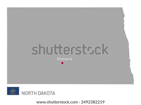 Map of North Dakota USA federal state with waving flag. Highly detailed editable map of North Dakota state with territory borders, neighboring states and Bismarck capital city vector illustration