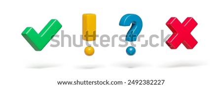 Right, wrong and exclamation, question check marks on white set. Acceptance, rejection, interrogation and attention signs three-dimensional rendering vector illustration