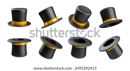 3D realistic black magician's hat set, with gold ribbon. Wizard cylinder for magicians and artists. Collection of magic equipment for surprising. Vector Halloween hat isolated on white background