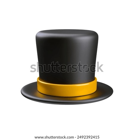 3d realistic illustration of magic hat. Black wizard cylinder with gold ribbon. Vector art of magic equipment for tricks and artists. Headwear for magic show concept isolated on white background.