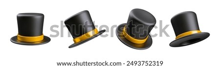 Collection of realistic 3D wizard's hats with golden stripes. Black magician's hat for illusionist's show. Set of 3d rendered retro clothing accessories for magic tricks isolated on white background