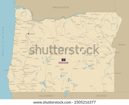 Road map of Oregon, US American federal state. Editable highly detailed transportation map of Oregon with highways and interstate roads, rivers and cities realistic vector illustration