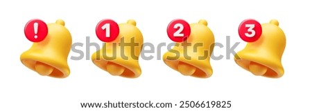 Set of red 3d realistic hand bells. Vector illustration ringing bells for social media reminder. Subscribe to channel. Alert and alarm. Collection of chimes isolated on white background