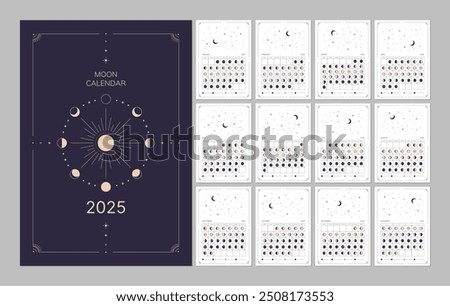 Moon calendar for the year 2025, lunar cycle planner template, lunar phases schedule Moon phases calendar, astrological moon wall calendar banner, card, poster vector illustration