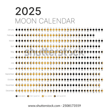 Astrological lunar phases calendar for 2025. Lunar calendar monthly cycle planner banner. Lunar astrology calendar, poster, card, lunar schedule on white background vector illustration