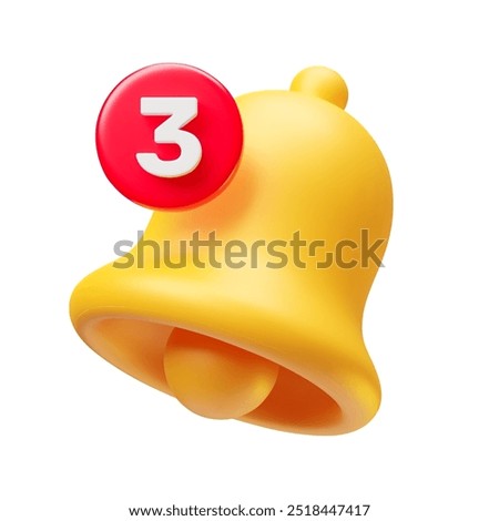 Vector illustration of yellow hand bell. Alert and alarm icon. Subscribe to channel. Realistic ringing bell. Bell for social media reminder in 3d style. Cartoon chime isolated on white background