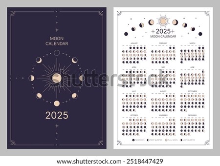 Pocket calendar of moon phase for 2025, lunar cycle planner template. Lunar phase calendar, astrological moon phases calendar banner, poster on dark night and white background vector illustration