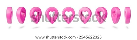 Set of realistic rotation map pointer with heart inside. 3D love pin from differen view on white background. Pink location tag vector illustration for navigation. Love location concept