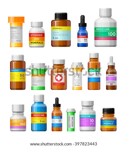 Set of medicine bottles with labels. Empty bottles for drugs,tablets,capsules,prescriptions,vitamins etc. Pharmaceutic containers isolated on white background. 