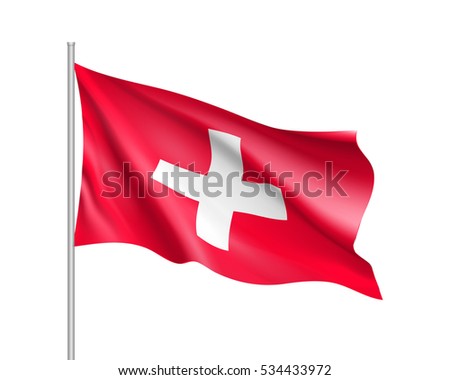 Waving flag of Switzerland state. Illustration of European country flag on flagpole with red and white colors. Vector 3d icon isolated on white background