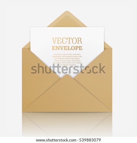 Blank template of open beige envelope with empty sheet. Vector realistic mockup for letter or invitation card. Symbol of postal message, post mail, email or business document. Icon isolated.