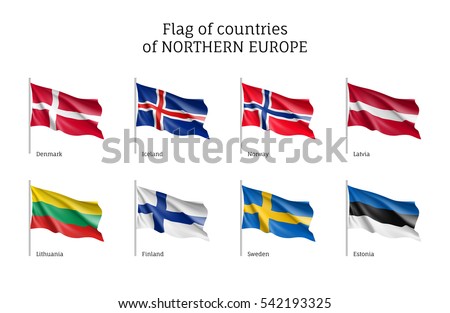 Set of flags of Northern Europe countries. States ensigns on flagpole: Estonia and Norway, Latvia and Lithuania, Iceland and Finland, Sweden and Denmark. Vector icons isolated on white background.