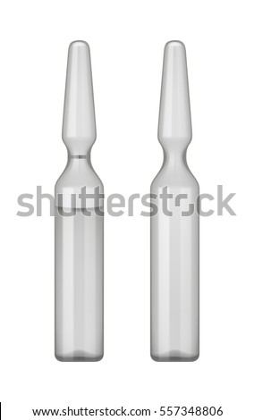 Empty transparent glass ampule with vaccine or drug for medical treatment. Realistic 3d mock-up of ampoule with medicament for injection. Blank template of vial with cap. Vector isolated on background