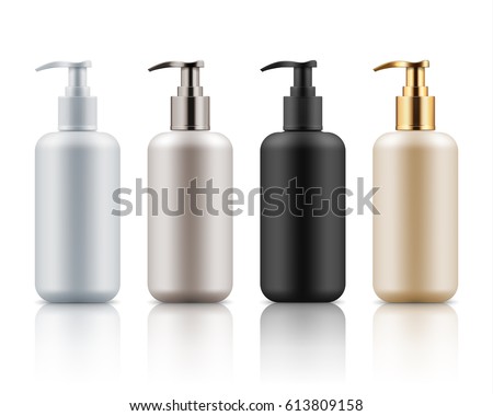 Empty and clean realistic plastic bottles with pump dispenser. Blank template container for shower gel, shampoo, cream or lotion. Mock up of white, black, beige and gold package for cosmetic product.