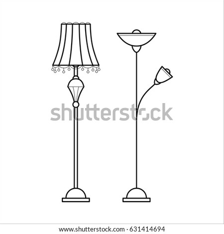 Floor lamps for house. Retro and modern chandeliers. Flat vector icon in simple outline style. Interior element for house decoration. Black thin linear illustration isolated on white background.