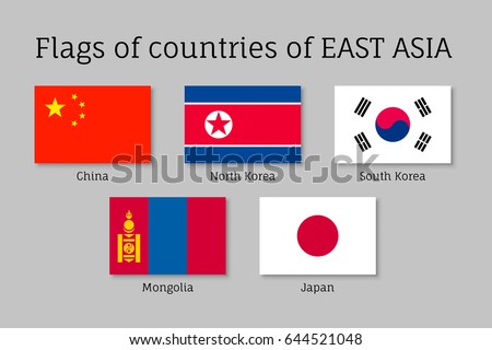 Set of flat flags of East Asian countries: China, South and North Korea, Japan and Mongolia. Collection with 5 signs of Asian states. Vector isolated icons