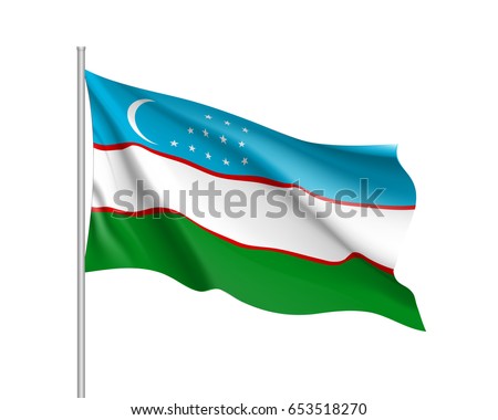 Waving flag of Uzbekistan Republic. Illustration of Asian country flag on flagpole. Vector 3d icon isolated on white background