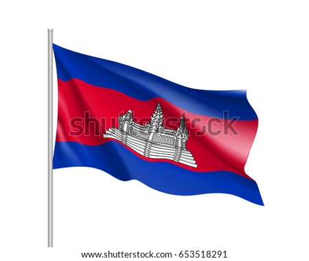 Waving flag of Cambodia. Illustration of Asian country flag on flagpole. Vector 3d icon isolated on white background