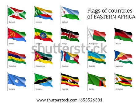 Set of waving flags of Eastern African states: Djibouti, Comoros, Burundi and Eritrea, Ethiopia, Kenya, Malawi and Mauritius. 18 ensigns on flagpole of East Africa countries. Vector isolated icons