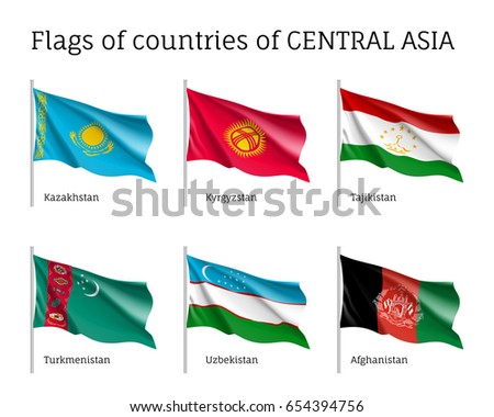 Set of flags of central Asia, Kazakhstan, Kyrgystan, Tajikistan, Turkmenistan, Uzbekistan, Afghanistan, realistic on sticks, waving on wind, bright silky material. Vector illustration