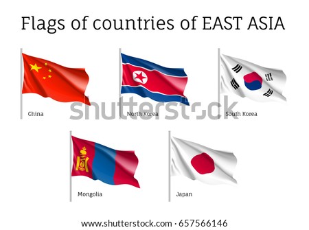 Set of waving flags of East Asian countries: China, South and North Korea, Japan and Mongolia. Collection with 5 signs of Asian states. Vector isolated icons