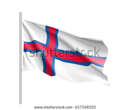 Waving flag of Faroe Islands. Illustration of Europe country flag on flagpole. Vector 3d icon isolated on white background