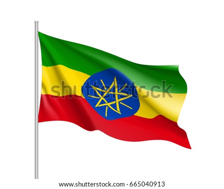 Waving flag of Ethiopia. Sign african state in proportion correctly and official colors: red, green, yellow. Patriotic sign Eastern Africa country. Vector icon illustration