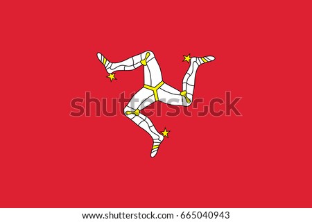 Isle of Man in the British Isles national flag, triskelion of three armoured legs with golden spurs, upon a red backgroun. Vector flat style illustration