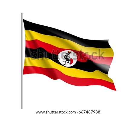 Waving flag of Uganda. Symbol african state in proportion correctly and Ugandan official colors. Patriotic sign East Africa country. Vector icon illustration