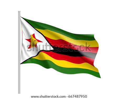 Waving flag of Zimbabwe. Symbol african state in proportion correctly and official colors. Patriotic sign East Africa country. Vector icon illustration